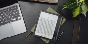 The Kobo Sage has a bigger screen than any Kindle,is comfortable to hold,works with e-books you get from other stores or the local library,plays audiobooks and can become a notepad with the sold-separately stylus. 