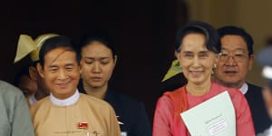 Win Myint,then newly elected president of Myanmar,left,and the country’s de facto leader Aung San Suu Kyi in 2018.