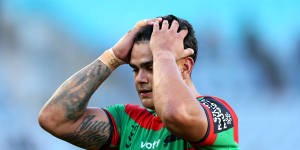 Latrell Mitchell reacts during his horror outing against the Warriors last weekend.