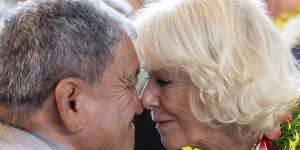 Britain’s Camilla,Queen Consort (then Duchess of Cornwall) receives a hongi from a maori elder as she and Prince Charles visit the Wesley Community Centre in Auckland,New Zealand in November 2019. 