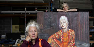 Artist Robyn Ross (right) with sitter Sarah Jane Adams and her Archibald entry.