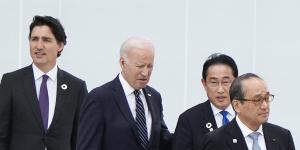 Canadian Prime Minister Justin Trudeau,US President Joe Biden,Japanese Prime Minister Fumio Kishida and Hiroshima mayor Kazumi Matsui at the Peace Memorial Museum in Hiroshima.
