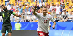 Christian Eriksen celebrates after scoring against Australia at the 2018 World Cup.