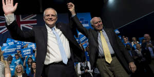 Prime Minister Scott Morison with his predecessor John Howard at a Liberal Party rally in 2019.