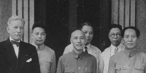 US Ambassador Patrick Hurley during ill-fated attempts to negotiate between nationalist leader Chiang Kai-Shek (centre) and Communist Mao Zedong (right) in 1945.