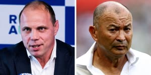 Rugby Australia chief executive Phil Waugh,and outgoing head coach Eddie Jones.