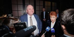 Pauline Hanson and Barnaby Joyce outside a fundraising event on Friday night.