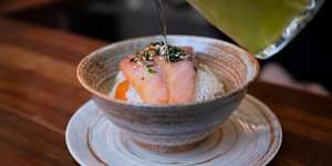 Japanese sencha is poured over an ochazuke-style tea rice. 