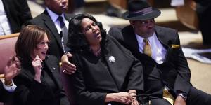 Vice President Kamala Harris sits with RowVaughn Wells and Rodney Wells during the funeral service for Wells’ son,Tyre Nichols.