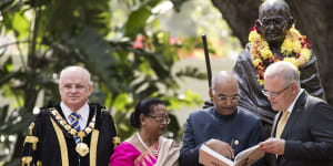 'Namaste':PM praises multiculturalism as Indian president honours Gandhi