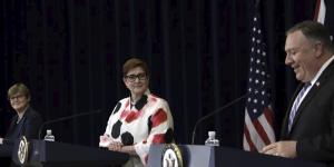 Shared values but independent thinking:(From left) Defence Minister Linda Reynolds,Foreign Minister Marise Payne and US Secretary of State Mike Pompeo.