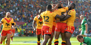 Papua New Guinea celebrate a try in their victory over Ireland in Port Moresby at the 2017 Rugby League World Cup. The local fans may soon have much more to celebrate.