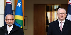 Wale and Albanese during a joint press conference at Parliament House in Canberra. 