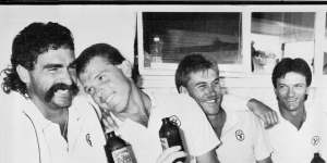 Australia’s Merv Hughes,Craig McDermott,Bruce Reid,Steve Waugh enjoy a beer after a Test win over New Zealand in 1987.