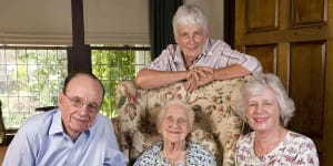 Dame Elisabeth Murdoch celebrates her 100th birthday with her children Rupert Murdoch,left,Anne Kantor and Janet Calvert-Jones,right,at Cruden Farm in 2009. 