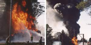 Firefighters battle the petrol tanker crash at Medlow Bath in 1992. Test results suggest the fire may be a cause of the PFAS contamination.