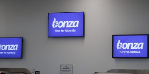 Empty Bonza service desks at Tullamarine Airport.