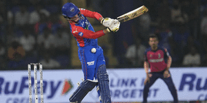 Jake Fraser-McGurk,batting for the Delhi Capitals,is hit in the midriff from the bowling of Kiwi speedster Trent Boult (Rajasthan Royals).