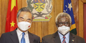Solomon Islands Prime Minister Manasseh Sogavare (right) with visiting Chinese Foreign Minister Wang Yi in May.