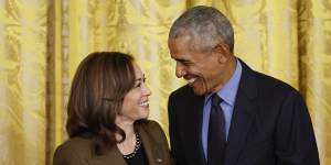 Harris and former president Barack Obama attend an event to mark the 2010 passage of the Affordable Care Act in the East Room of the White House on April 5,2022. 