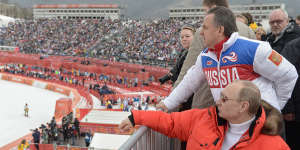 Russian president Vladimir Putin and sports minister Vitaly Mutko survey the scene at the 2014 winter Games in Sochi.