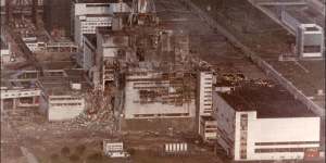 View of the Chernobyl Nuclear power plant three days after the explosion on April 29,1986 in Chernobyl.