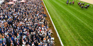 Crowds enjoy the action at the Caulfield Cup at Caulfield Racecourse. 