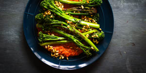 Katrina Meynink's roasted broccolini with romesco and toasted pine nuts.