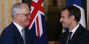 Malcolm Turnbull with French President Emmanuel Macron at the Elysee Palace in Paris on Saturday.