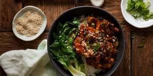 Flavour explosion:Firecracker chicken with steamed greens and rice.