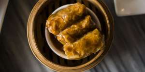 Bamboo rolls:tofu skin rolls filled with bamboo heart,pork and prawn.