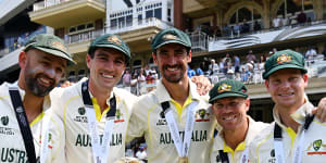 David Warner (second from right) has already retired - and Nathan Lyon,Pat Cummins,Mitchell Starc and Steve Smith will be edging closer by the time the Ashes roll around again.