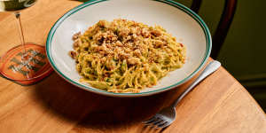 Broccoli spaghetti with chilli,walnut and parmesan is one of several house-made pasta dishes.