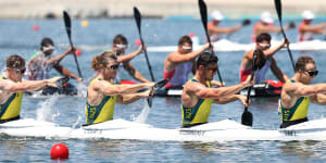 Lachlan Tame,Riley Fitzsimmons,Murray Stewart and Jordan Wood of Team Australia competes during the Men’s Kayak Four on Friday.