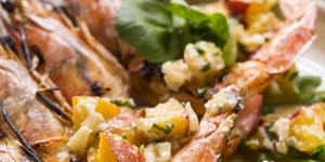 Grilled prawns with macadamia,lime and peach.