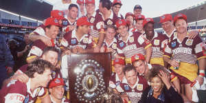Tina Turner pictured with the Broncos,winners of the 1993 NRL grand final.