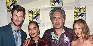 Director Taika Waititi with stars from Thor:Love and Thunder:Chris Hemsworth,Tessa Thompson and Natalie Portman.