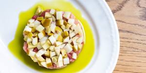 Tuna tartare with beurre bosc pear and green olive.