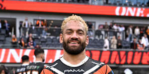 Apisai Koroisau and the Tigers try to make amends by showing the “stick with it” tape after their clash with the Bulldogs.