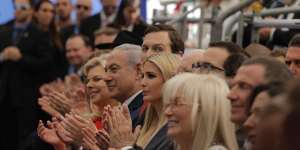 From left:Israeli Prime Minister Benjamin Netanyahu's wife Sara,the Prime Minister,Senior White House Advisor Jared Kushner,US President's daughter Ivanka Trump,US Treasury Secretary Steve Mnuchin,attend the opening ceremony of the new American embassy in Jerusalem.