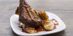 Get fancy for breakfast with French toast,but not as you know it:Spiced bread and caramel banana.