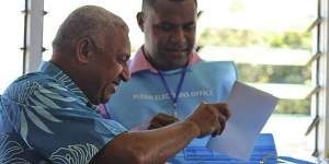 Now outgoing Prime Minister Frank Bainimarama casts his vote at the Fiji elections in Suva last week.