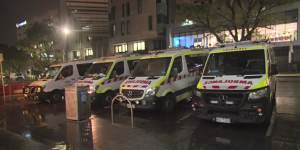 Ambulances “ramped” outside Royal Melbourne Hospital in May.