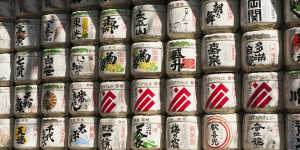 Sake barrels donated as a show of respect to Emperor Meiji.