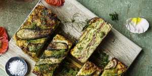 Zucchini slice with a hidden layer of bacon.