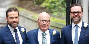 Rupert Murdoch before his wedding to Jerry Hall in 2016 with sons Lachlan (left) and James.