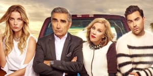 Annie Murphy as Alexis,Eugene Levy as Johnny,Catherine O'Hara as Moira and Daniel Levy as David in Schitt's Creek.
