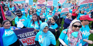 Childcare workers,shown protesting for better work conditions in Melbourne last year,are among the workers now eligible for guaranteed sick and carer’s pay.