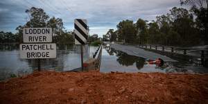 The floodwater level rose to the top of the Patchell Bridge in Kerang on Saturday morning.