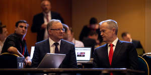 Federal Labor Leader,Anthony Albanese with former leader Bill Shorten,at the ALP conference in Sydney in March. 